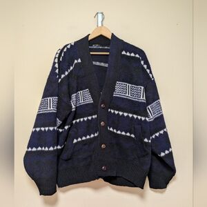 Tejidos Ruminahui Vintage Wool Alpaca Blend Cardigan Sweater Navy Tribal Llama L